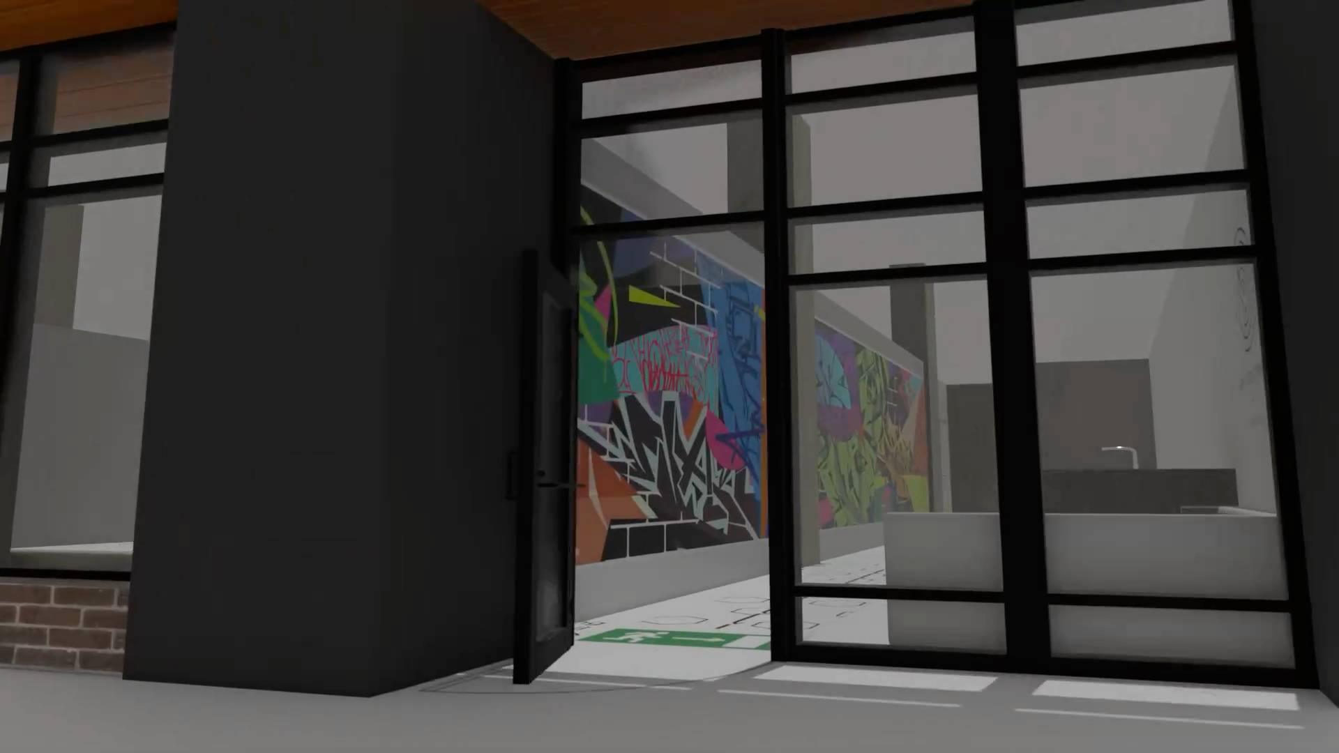 Digital Logic: A Blender-created mockup showing the vector mural design integrated into the physical space simulation.