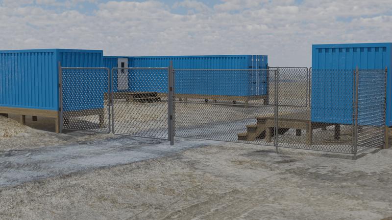 Ground-level perspective showing building access and surrounding terrain.