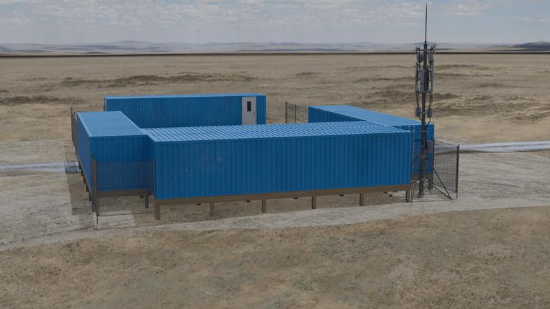 Top-down render showing the full facility footprint and site layout.