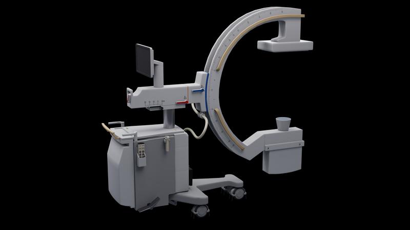 3D render of a C-arm X-ray machine positioned over a patient table, created for an augmented reality training experience.