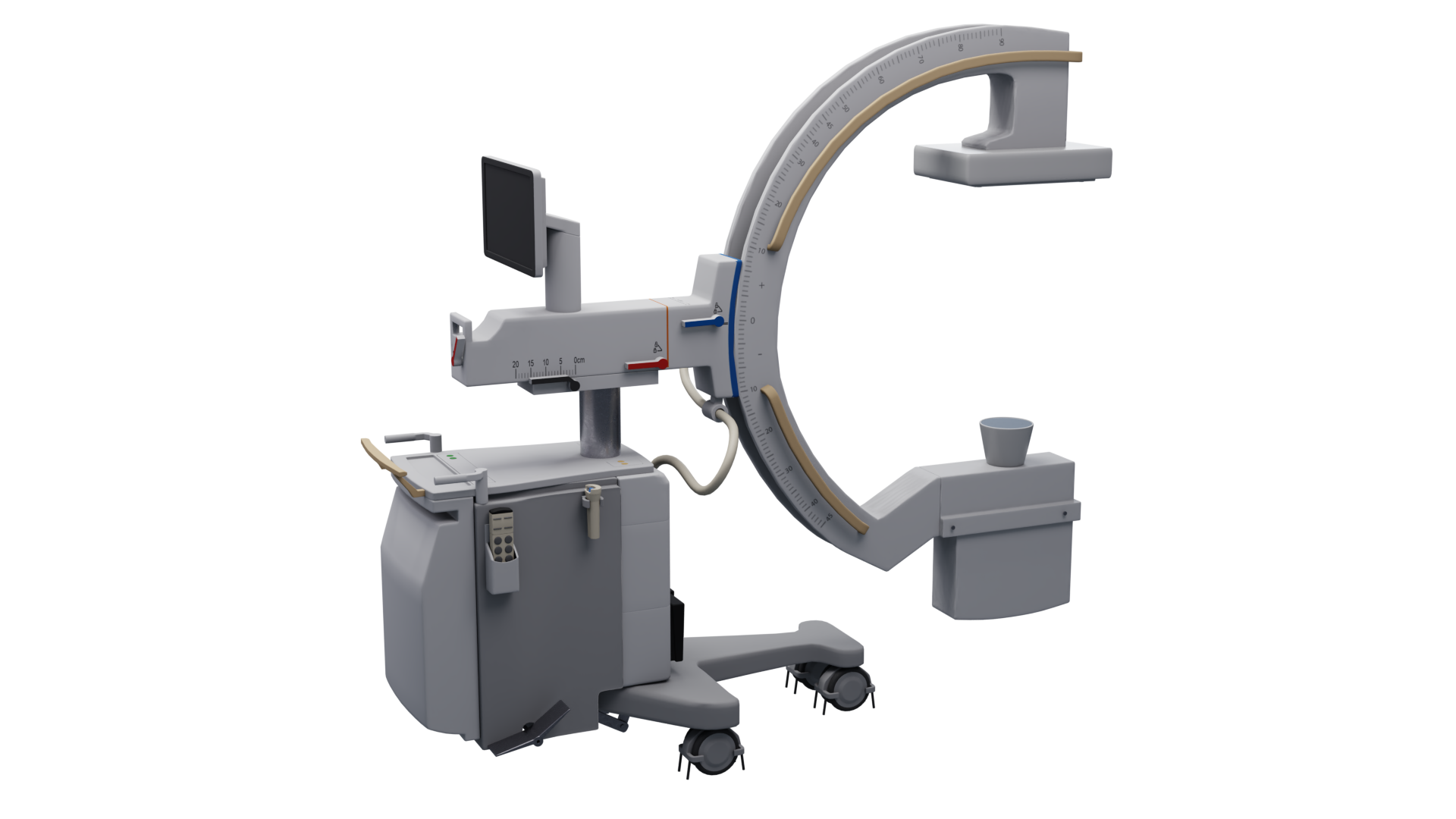 3D render of a C-arm X-ray machine positioned over a patient table, created for an augmented reality training experience.