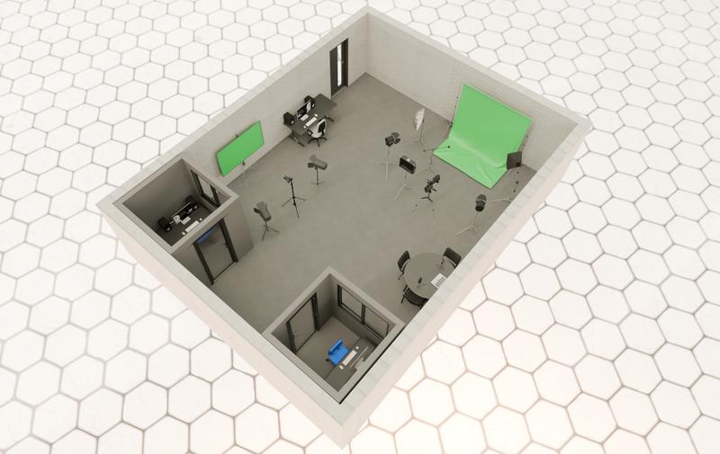 3D render of a proposed media studio room showing cameras, lights, and workstations arranged in a clean teaching and production space.