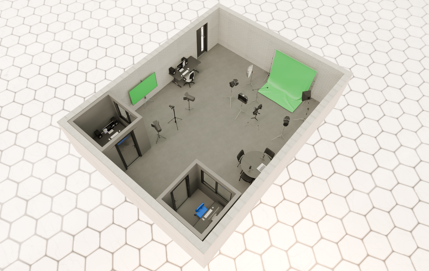 3D render of a proposed media studio room showing cameras, lights, and workstations arranged in a clean teaching and production space.