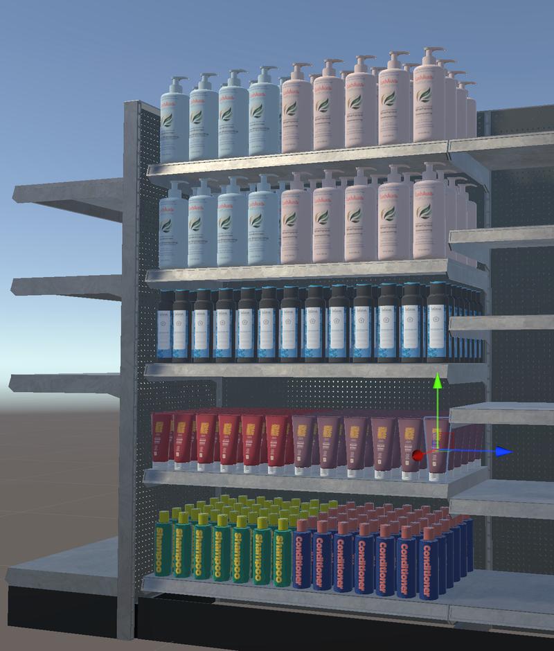 User perspective inside the small pharmacy environment with floating UI prompts.