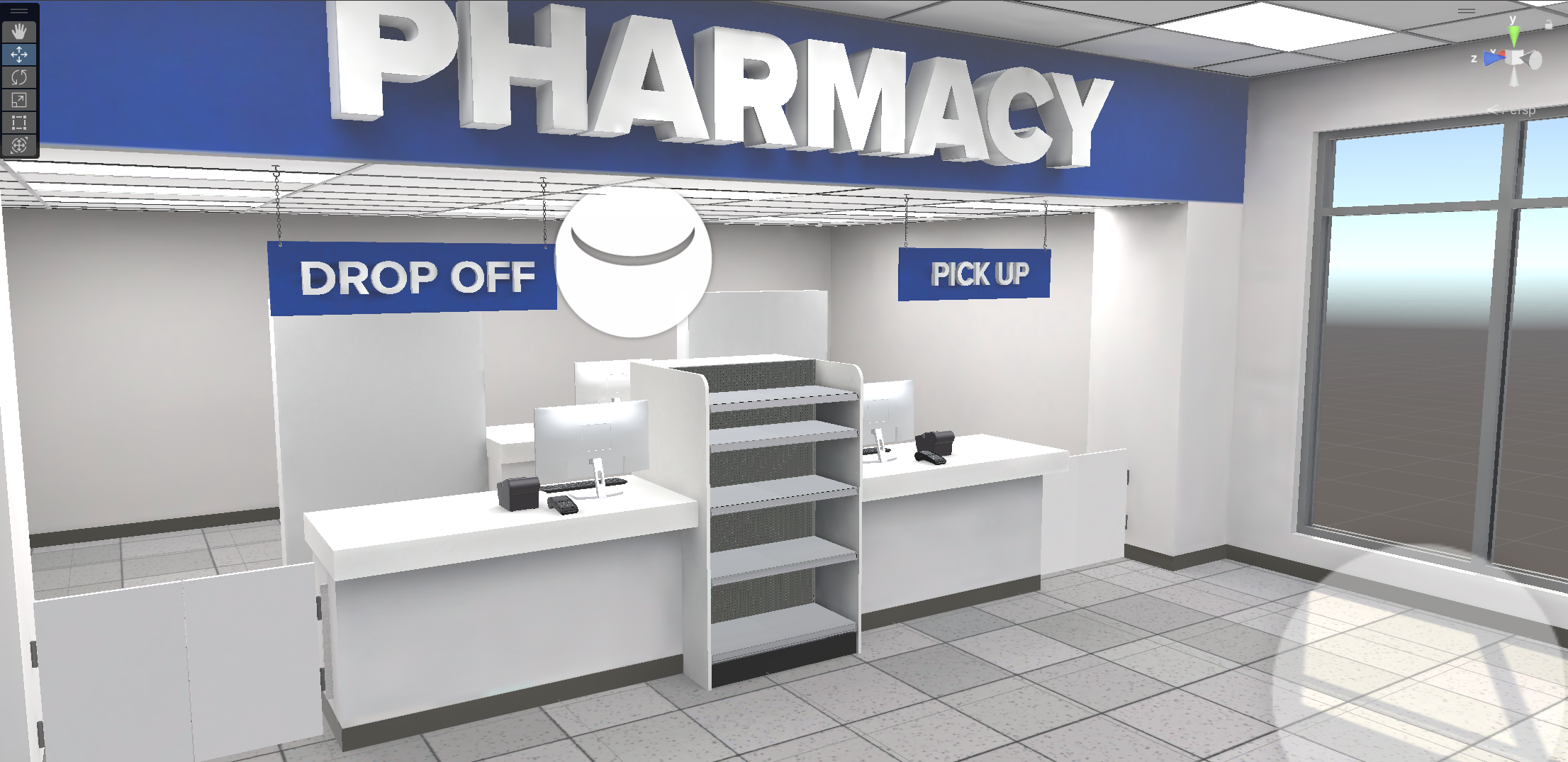 VR pharmacy counter environment with a prescription and labeled drug bottles visible inside a clean training space.