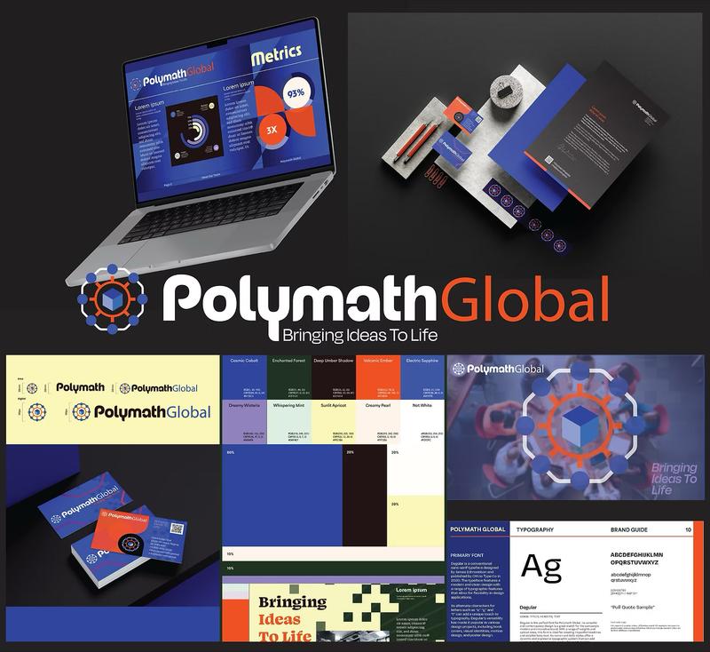 Polymath Global branding showcase featuring modular logo nodes and vibrant tech color palette.