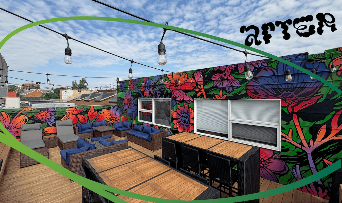 After photo showing the completed floral rooftop mural and seating area
