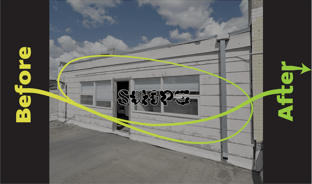 Before photo of the weathered rooftop exterior prior to prep and mural work