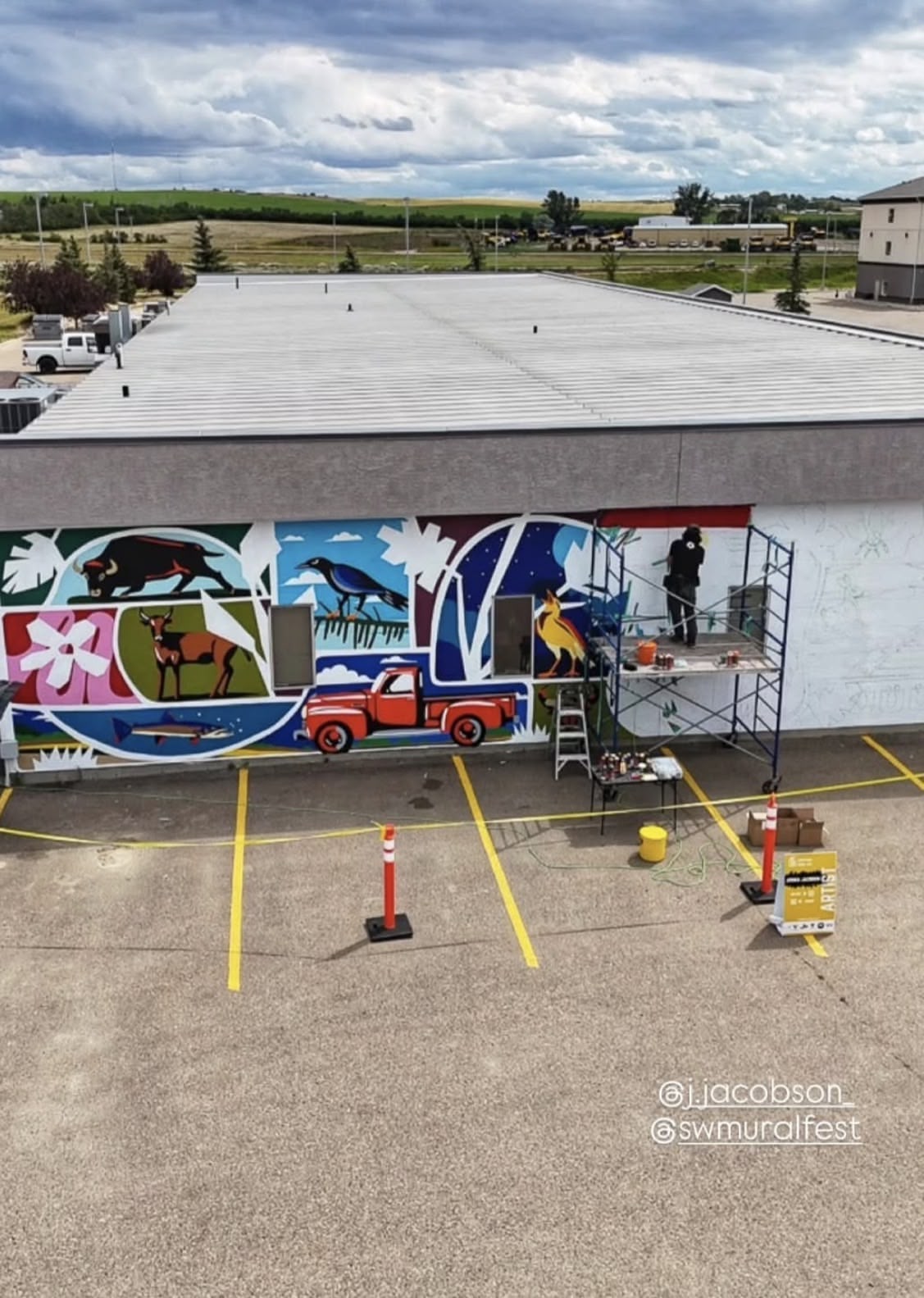 Close-up of bison and guitar motif blending organic and geometric forms.